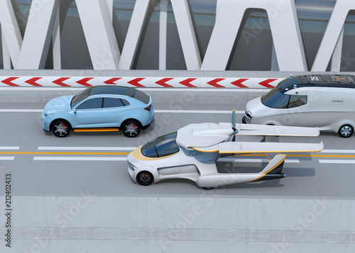 Side view of futuristic flying car driving on the highway. 3D rendering image.