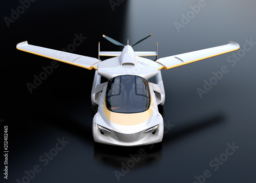Front view of futuristic autonomous car on black background. Flying car concept. 3D rendering image.