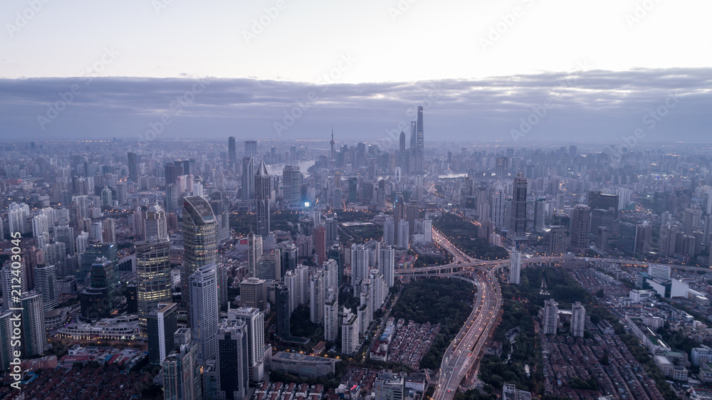 Aerial View of Shanghai city in the dawn