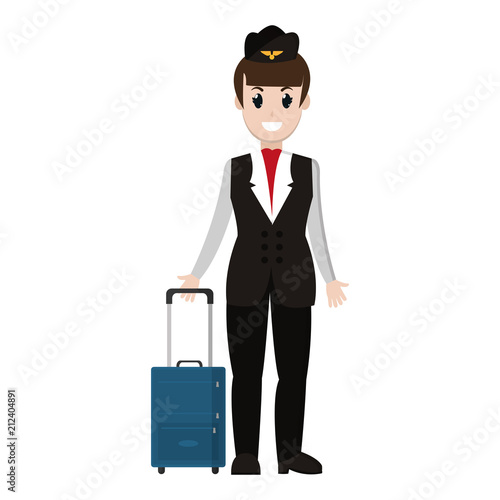 happy stewardess wih hairstyle and luggage object