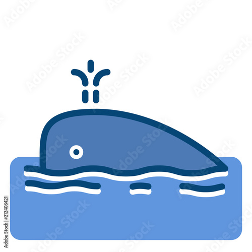 Whale cute icon drawing with water fountain in the ocean. Vector filled thin outline illustration