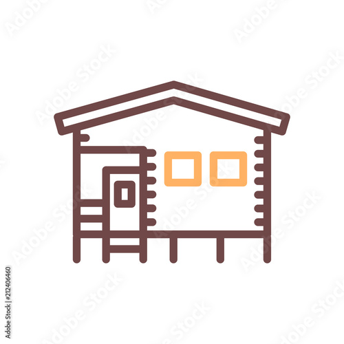 Bungalow camping house made of wood. Vector thin line icon illustration. © Pedro