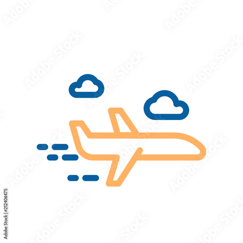 Airplane traveling in the sky with clouds. Vector thin line icon illustration for holidays and vacations, summer, business flight, traveling agency..