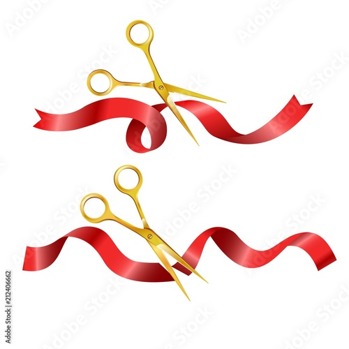 Scissors cutting red long ribbon set vector illustration