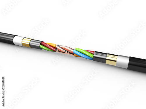 3d Illustration of Electric cable. Copper electrical cable in multi-colored insulation on a white background