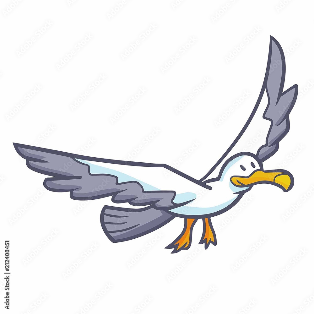Naklejka premium Cute and funny seagull flying and smiling happily - vector.