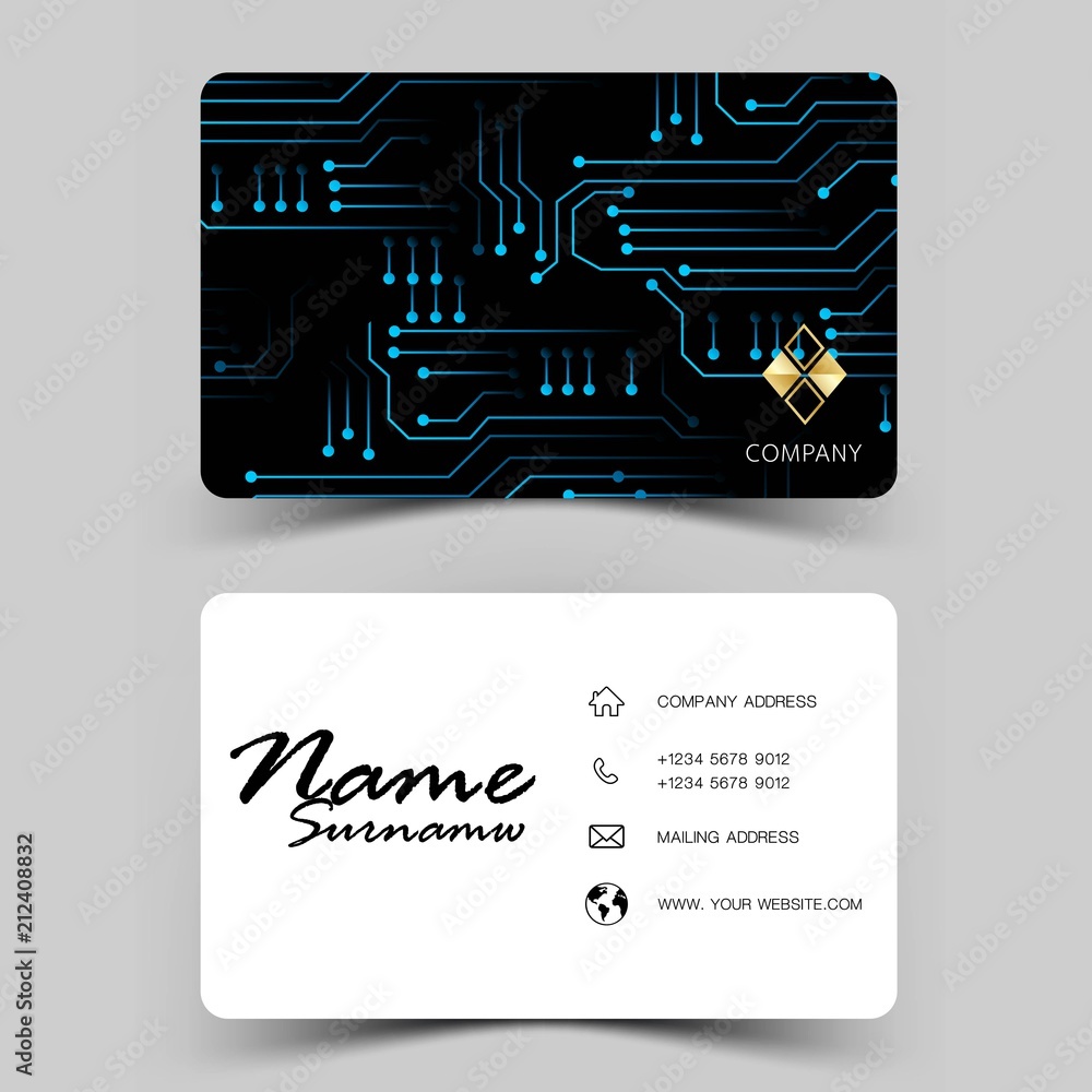 Modern business card template design. With inspiration from abstract digital circuit. Contact card for company. Two sided black and white on the gray background. Vector illustration. Modern business card template design. With inspiration from abstract digital circuit. Contact card for company. Two sided black and white on the gray background. Vector illustration.