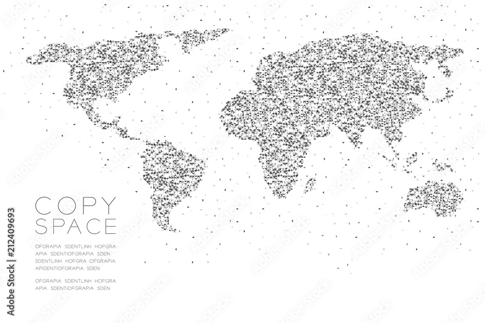 Abstract Geometric Low polygon square box pixel and Triangle pattern World Map shape concept design black color illustration on white background with copy space, vector eps 10 Abstract Geometric Low polygon square box pixel and Triangle pattern World Map shape concept design black color illustration on white background with copy space, vector eps 10