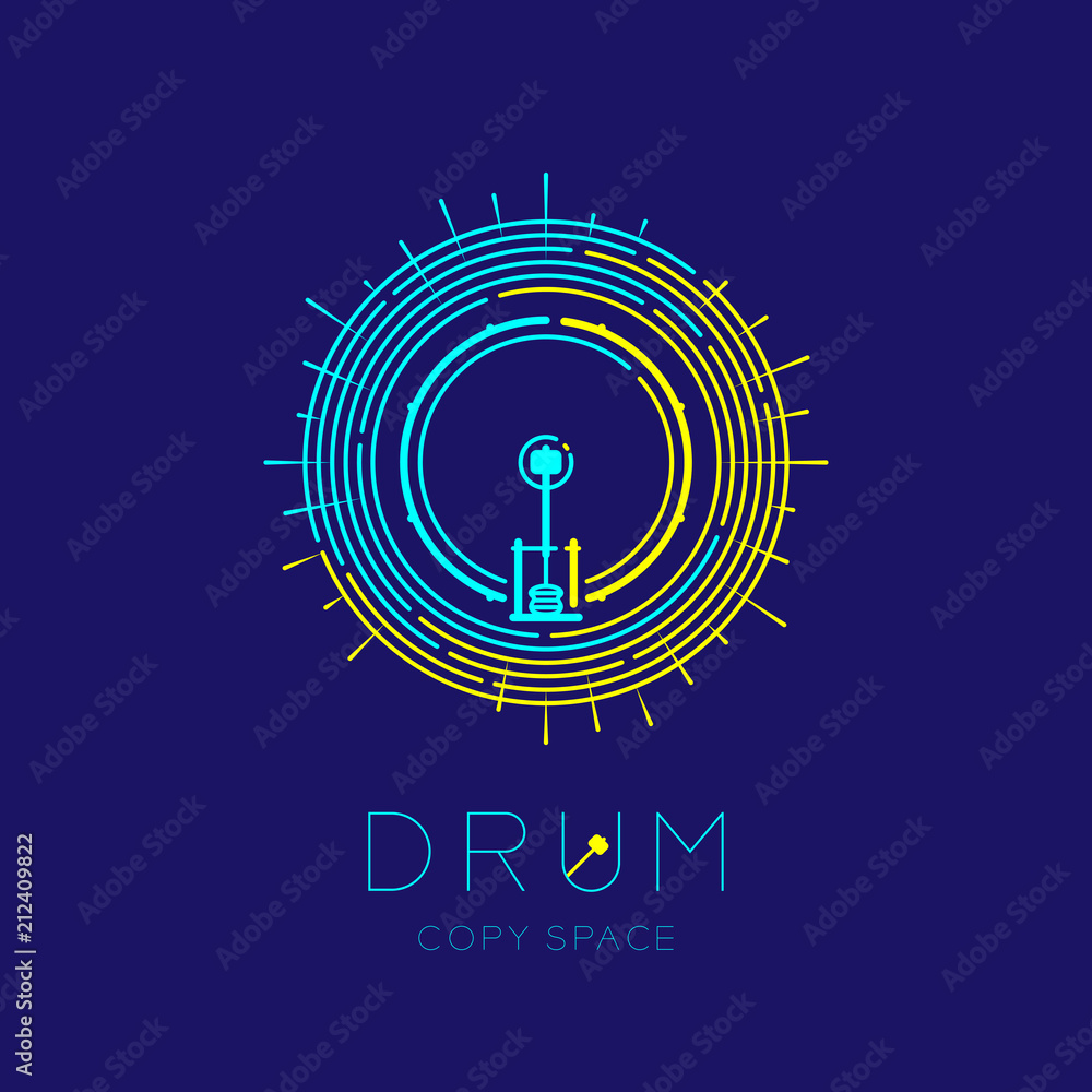 Bass drum, drumstick with line staff circle shape logo icon outline stroke set dash line design illustration isolated on dark blue background with drum text and copy space Bass drum, drumstick with line staff circle shape logo icon outline stroke set dash line design illustration isolated on dark blue background with drum text and copy space
