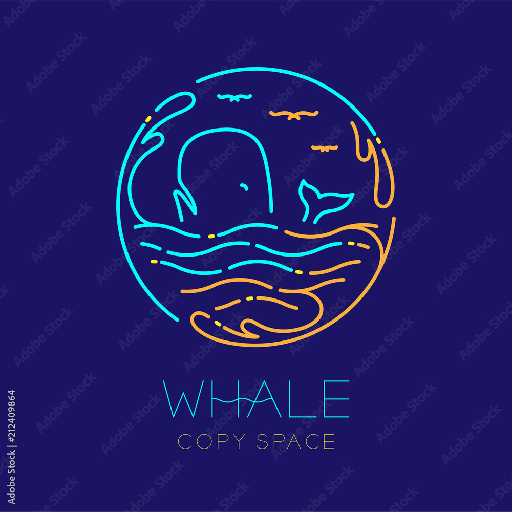 Whale, seagull, wave and Water splash circle frame shape, logo icon outline stroke set dash line design illustration isolated on dark blue background with whale text and copy space Whale, seagull, wave and Water splash circle frame shape, logo icon outline stroke set dash line design illustration isolated on dark blue background with whale text and copy space