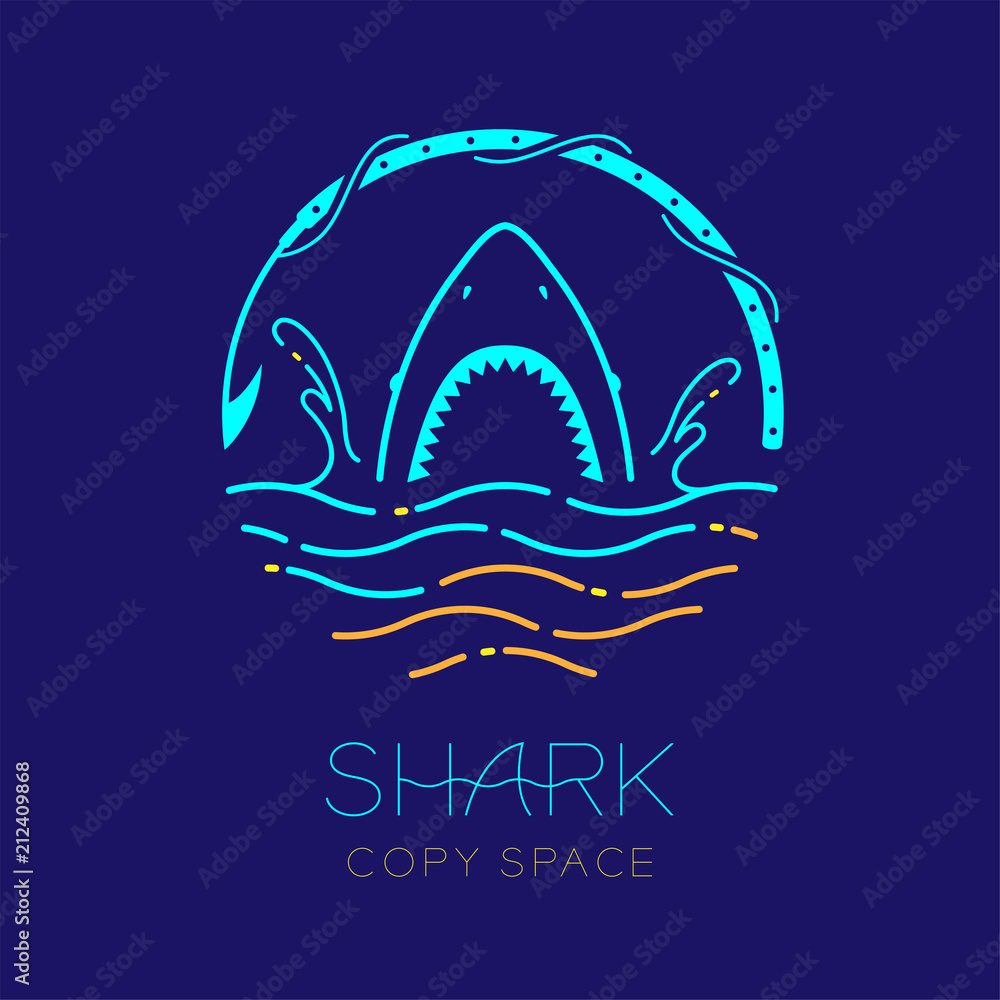 Shark, wave, water splash and harpoon shape, logo icon outline stroke set dash line design illustration isolated on dark blue background with shark text and copy space Shark, wave, water splash and harpoon shape, logo icon outline stroke set dash line design illustration isolated on dark blue background with shark text and copy space