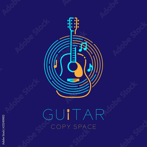 Acoustic guitar, music note with line staff circle shape logo icon outline stroke set dash line design illustration isolated on dark blue background with guitar text and copy space