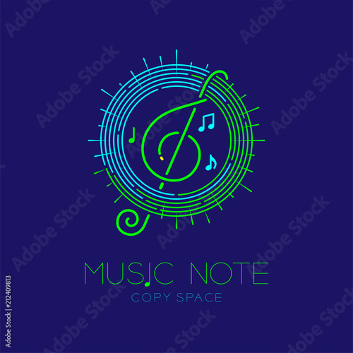 Music note with line staff circle shape logo icon outline stroke set dash line design illustration isolated on dark blue background with music note text and copy space