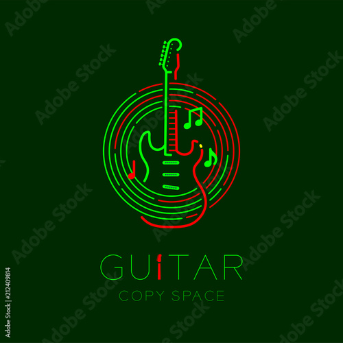Electric guitar, music note with line staff circle shape logo icon outline stroke set dash line design illustration isolated on dark green background with guitar text and copy space