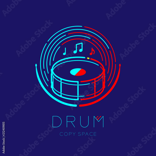 Snare drum, drumstick, music note with line staff circle shape logo icon outline stroke set dash line design illustration isolated on dark blue background with drum text and copy space