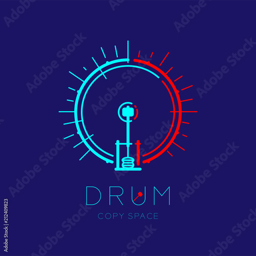Bass drum, pedal with line staff circle shape logo icon outline stroke set dash line design illustration isolated on dark blue background with drum text and copy space
