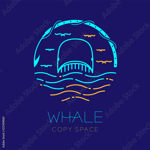 Whale, seagull, wave and harpoon shape, logo icon outline stroke set dash line design illustration isolated on dark blue background with whale text and copy space