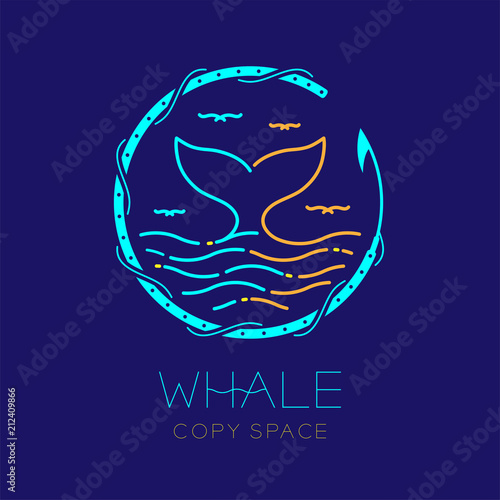 Whale tail, seagull, wave and harpoon circle frame shape, logo icon outline stroke set dash line design illustration isolated on dark blue background with whale text and copy space