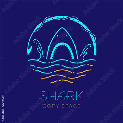 Shark, wave, water splash and harpoon shape, logo icon outline stroke set dash line design illustration isolated on dark blue background with shark text and copy space