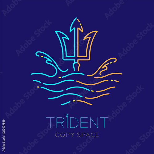 Trident, wave and water splash, logo icon outline stroke set dash line design illustration isolated on dark blue background with trident text and copy space