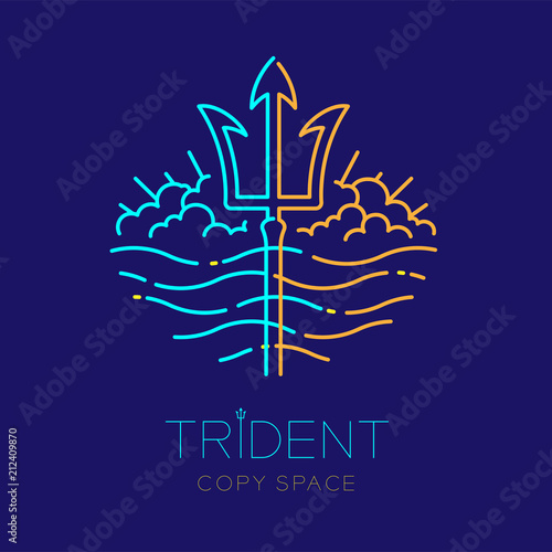 Trident, wave and cloud, logo icon outline stroke set dash line design illustration isolated on dark blue background with trident text and copy space