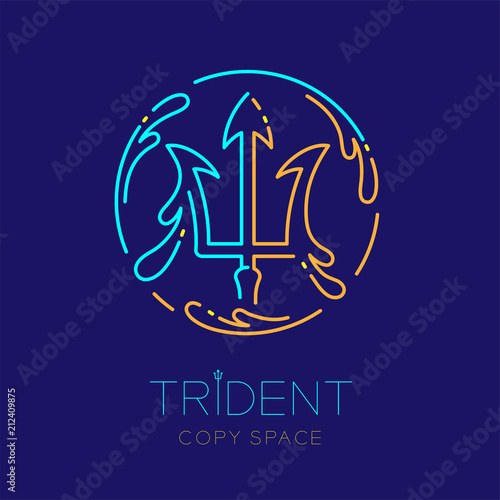 Trident and Water splash circle frame shape, logo icon outline stroke set dash line design illustration isolated on dark blue background with trident text and copy space