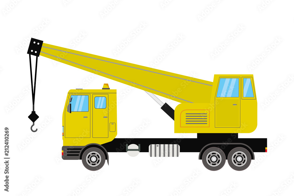 Fototapeta premium Truck crane. Yellow, isolated on white background.