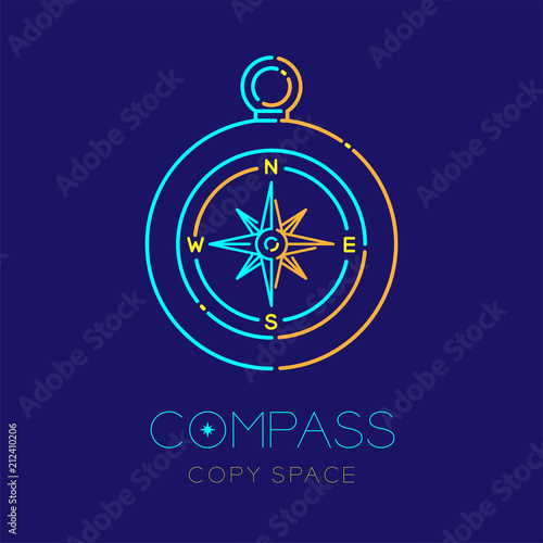 Compass logo icon outline stroke set dash line design illustration isolated on dark blue background with compass text and copy space