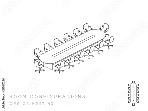 Meeting room and school chair with writing pad setup layout configuration Theater style, perspective 3d isometric with top view illustration outline black and white color
