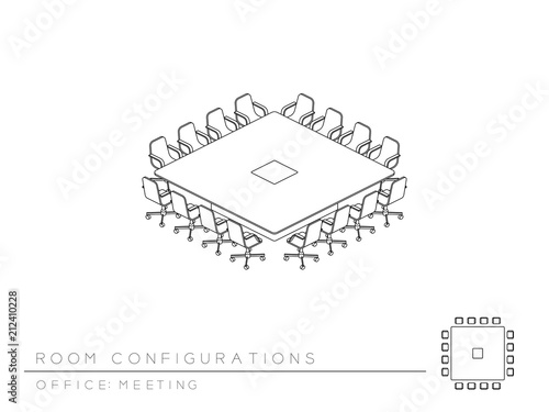 Meeting room setup layout configuration Conference Square Boardroom style, perspective 3d isometric with top view illustration outline black and white color