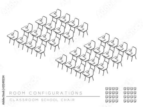 Meeting room and school chair with writing pad setup layout configuration Classroom style, perspective 3d isometric with top view illustration outline black and white color