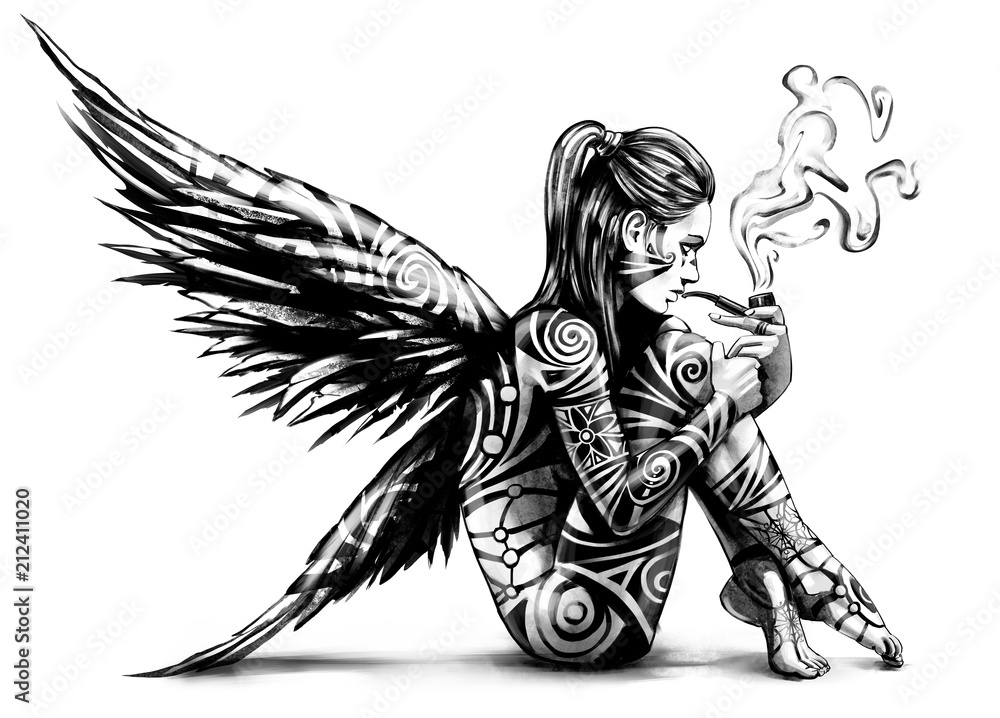 Naked angel sitting and Smoking a pipe StockIllustration Adobe Stock