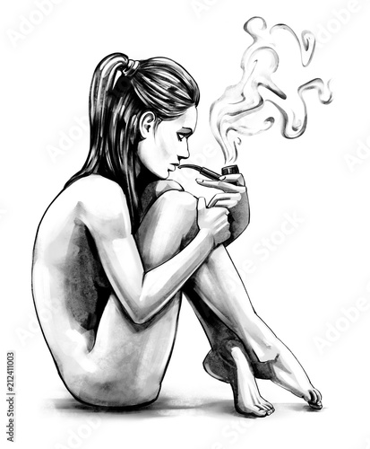 Naked girl sitting and Smoking a pipe Stock Illustration | Adobe Stock