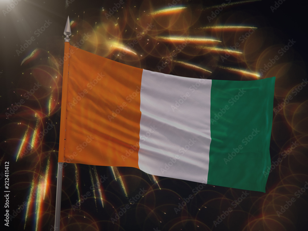 Flag of Cote d Ivoire with fireworks display in the background - obrazy, fototapety, plakaty 