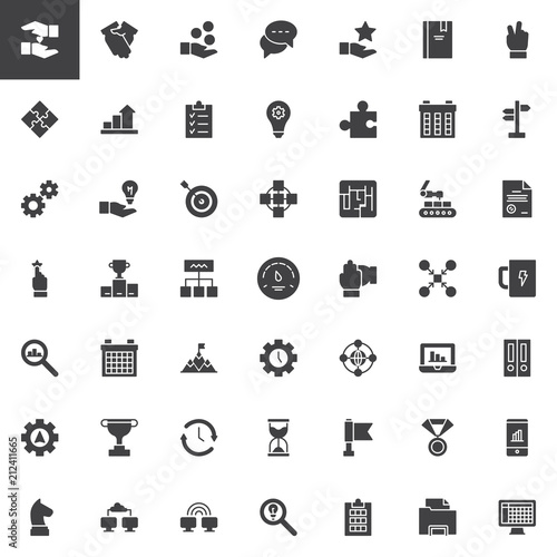 Work productivity vector icons set, modern solid symbol collection, filled style pictogram pack. Signs, logo illustration. Set includes icons as Networking, Industrial robot, File, Hourglass, Teamwork