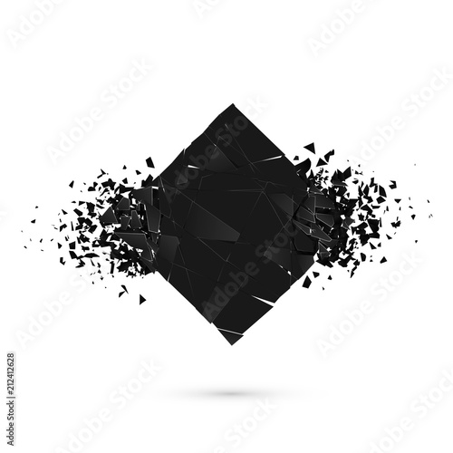 Cube destruction. Squared black banner with space for text. Abstract shape explosion. Vector illustration isolated on white backgrond