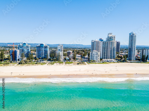 An aerial view of Broadbeach on the Gold Coast with blue water © Darren