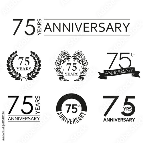75 years anniversary icon set. 75th anniversary celebration logo. Design elements for birthday, invitation, wedding jubilee. Vector illustration.