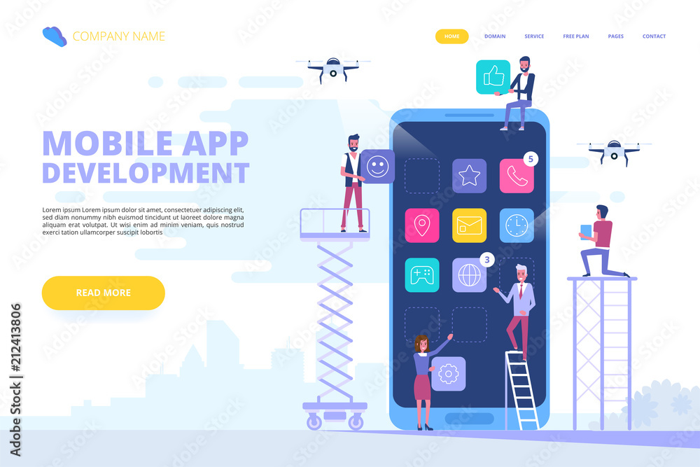 Mobile app development concept banner - obrazy, fototapety, plakaty 