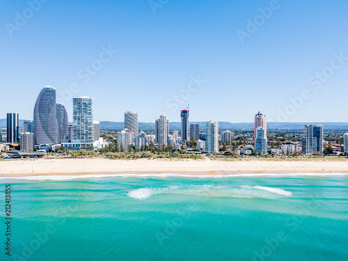 An aerial view of Broadbeach on the Gold Coast with blue water © Darren