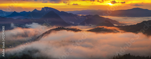 spectacular, fairytale sunset over the mountains, floating mist highlighted by the setting sun, Pieniny, Slovakia