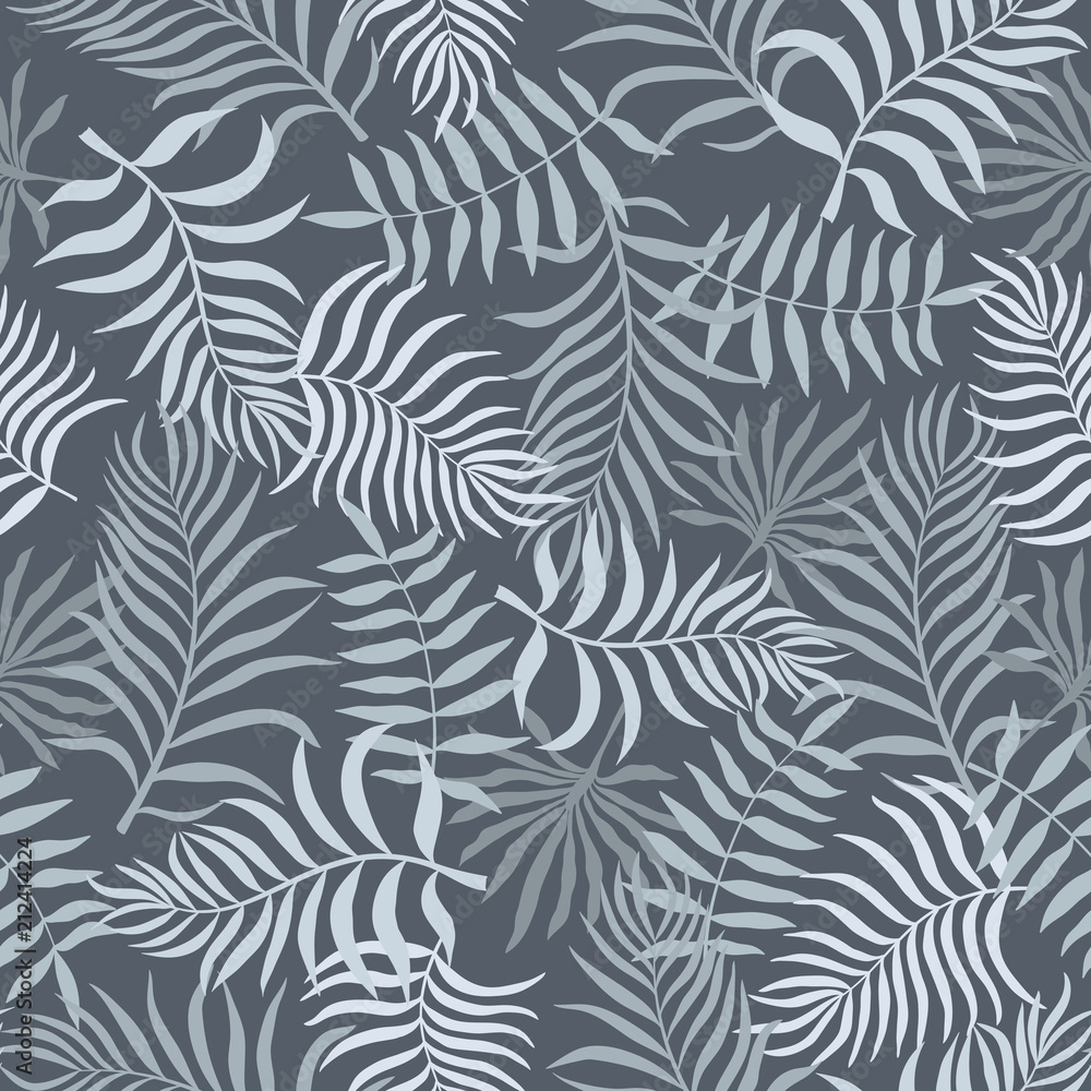 Tropical background with palm leaves. Seamless floral pattern. Summer vector illustration. shades of gray