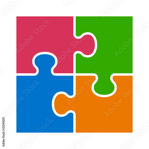 Square four pieces of jigsaw puzzle or teamwork concept flat vector color icon for apps and websites