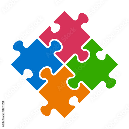 Rotated four pieces of jigsaw puzzle or teamwork concept flat vector color icon for apps and websites