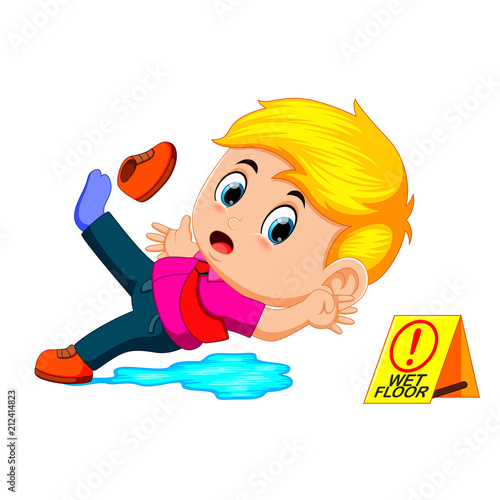 boy slipping on wet floor 
