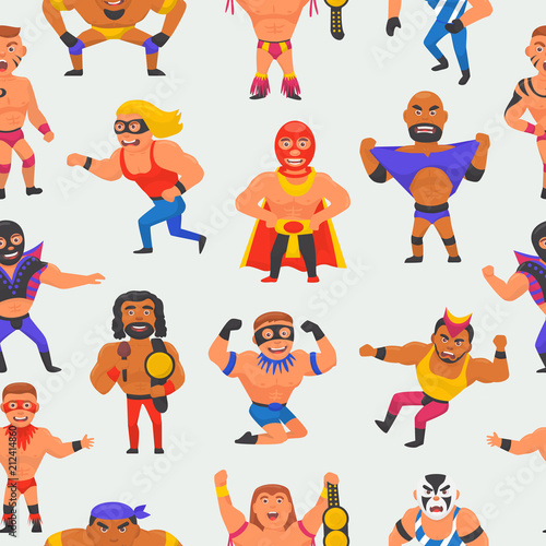 Wrestler vector masked man character and masking luchador in wrestling fight illustration set of wrestle sportsman in costume seamless pattern background