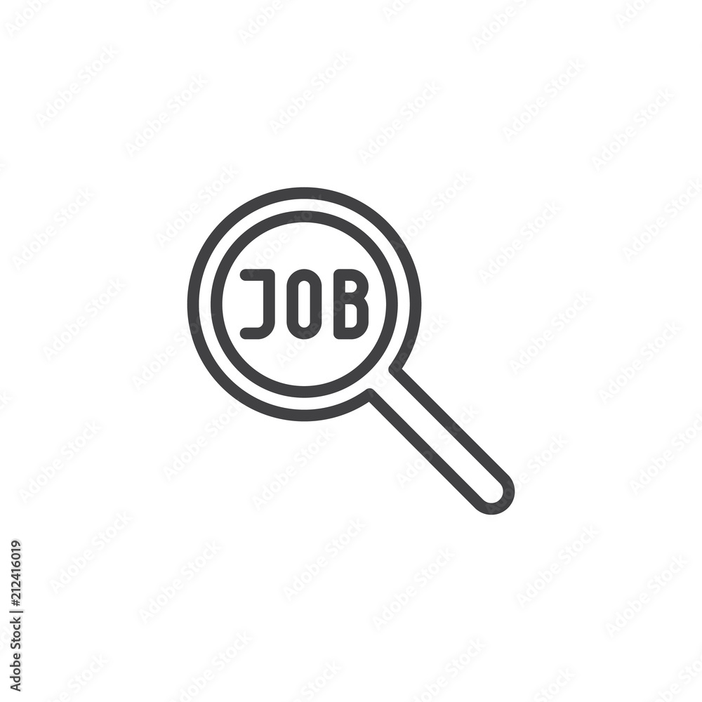 Job search outline icon. linear style sign for mobile concept and web design. Magnifying glass and job text simple line vector icon. Symbol, logo illustration. Pixel perfect vector graphics Job search outline icon. linear style sign for mobile concept and web design. Magnifying glass and job text simple line vector icon. Symbol, logo illustration. Pixel perfect vector graphics