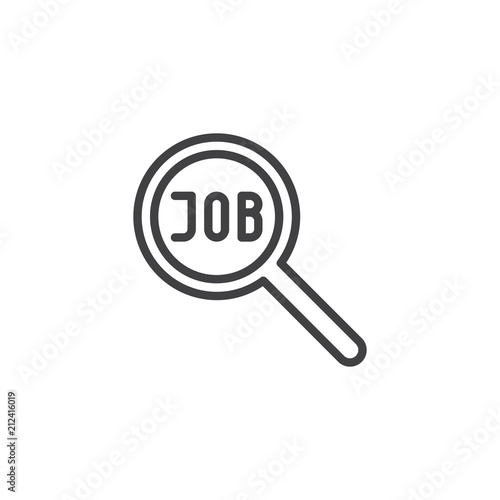 Job search outline icon. linear style sign for mobile concept and web design. Magnifying glass and job text simple line vector icon. Symbol, logo illustration. Pixel perfect vector graphics