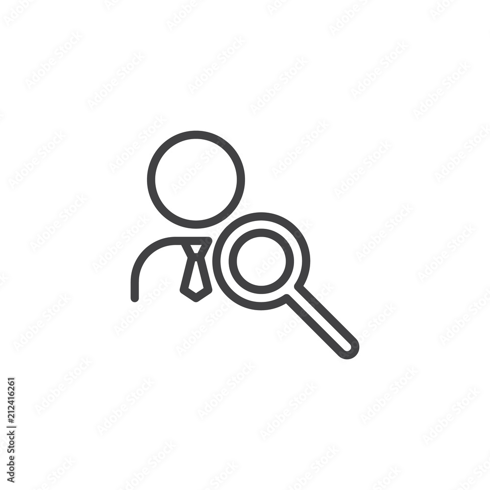 Search for employees outline icon. linear style sign for mobile concept and web design. Human resource simple line vector icon. People search symbol, logo illustration. Vector graphics Search for employees outline icon. linear style sign for mobile concept and web design. Human resource simple line vector icon. People search symbol, logo illustration. Vector graphics