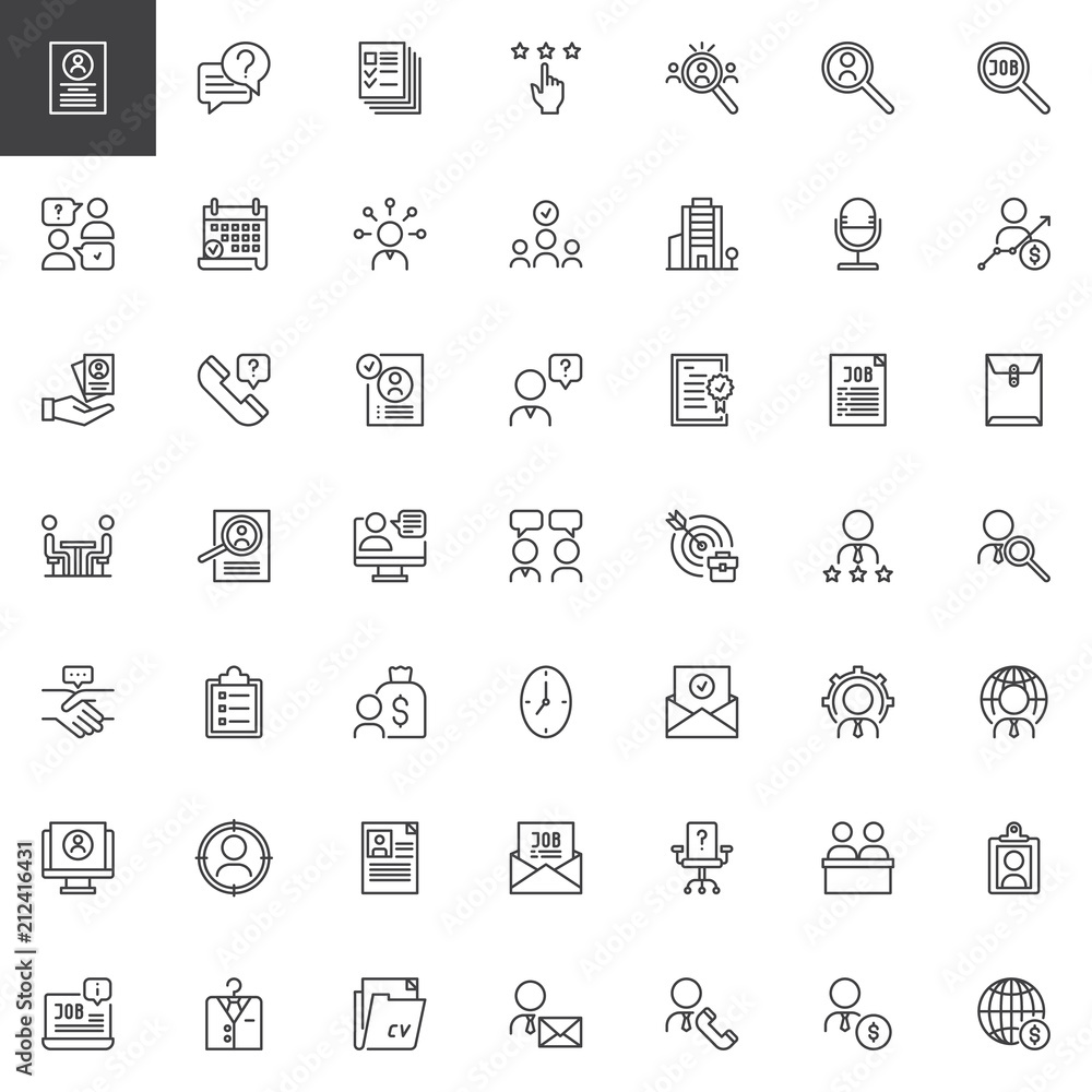 Business interview outline icons set. linear style symbols collection, line signs pack. vector graphics. Set includes icons as Resume, Conversation, Profiles, Rating, Recruitment, Appointment, Skills Business interview outline icons set. linear style symbols collection, line signs pack. vector graphics. Set includes icons as Resume, Conversation, Profiles, Rating, Recruitment, Appointment, Skills